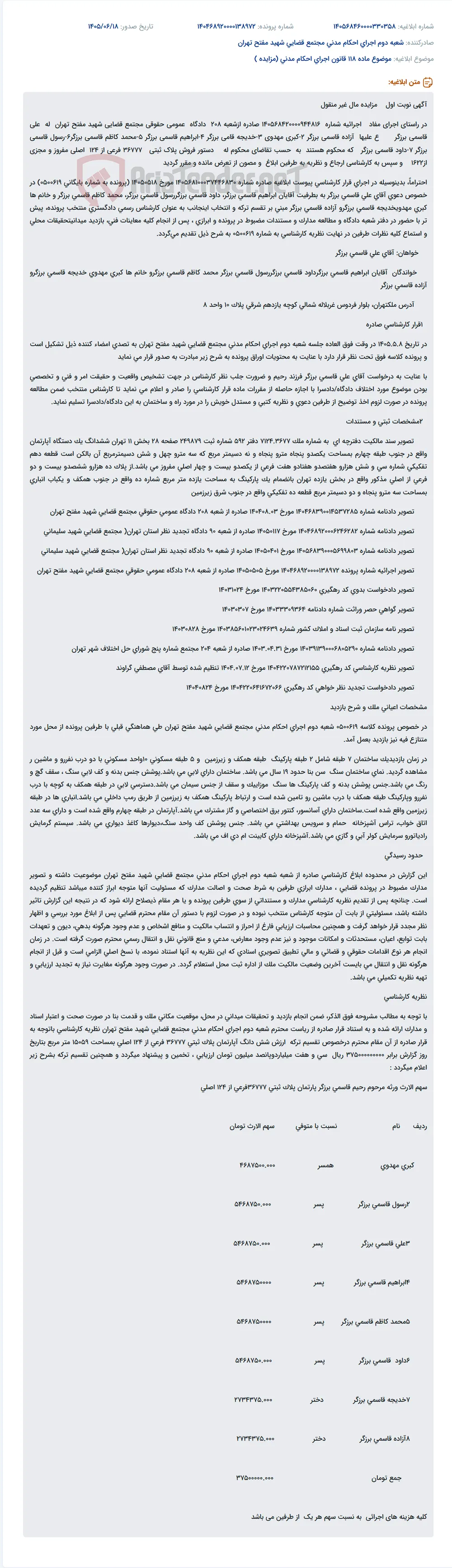 مزایده مال غیرمنقول به دستور فروش در راستای اجرای مفاد اجرائیه و تقسیم ترکه.