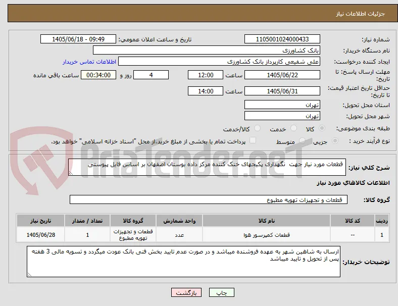  قطعات مورد نیاز جهت  نگهداری پکیجهای خنک کننده مرکز داده بوستان اصفهان بر اساس فایل پیوستی