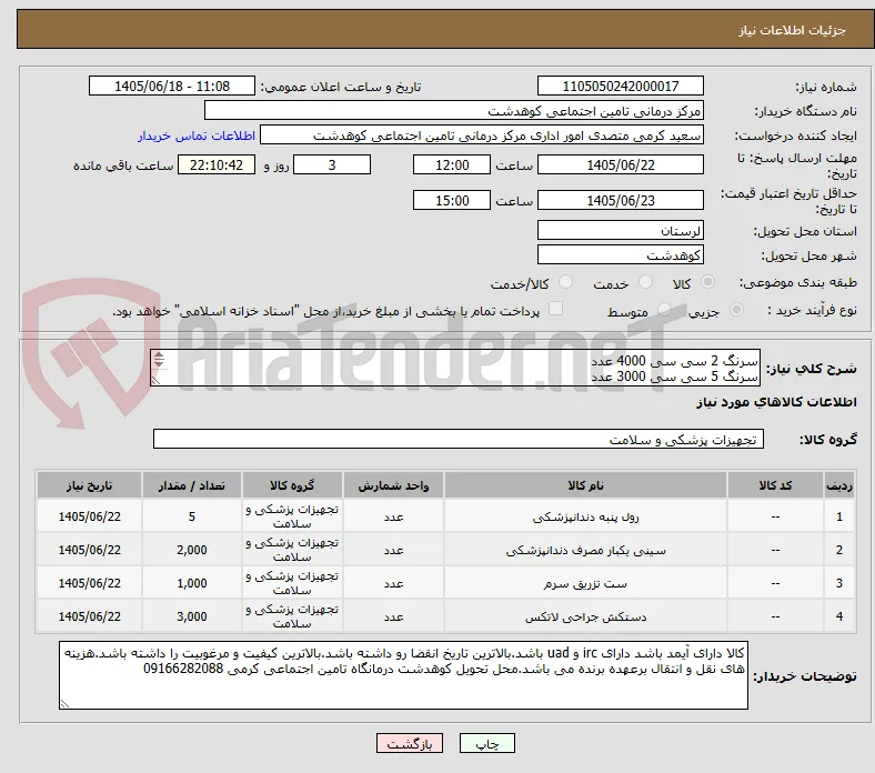 سرنگ 2 سی سی 4000 عدد
سرنگ 5 سی سی 3000 عدد
سرسوزن کوتاه دندانپزشکی 1000 عدد
ست سرم 1000 عدد
لیست کامل درخواست پیوست می باشد.