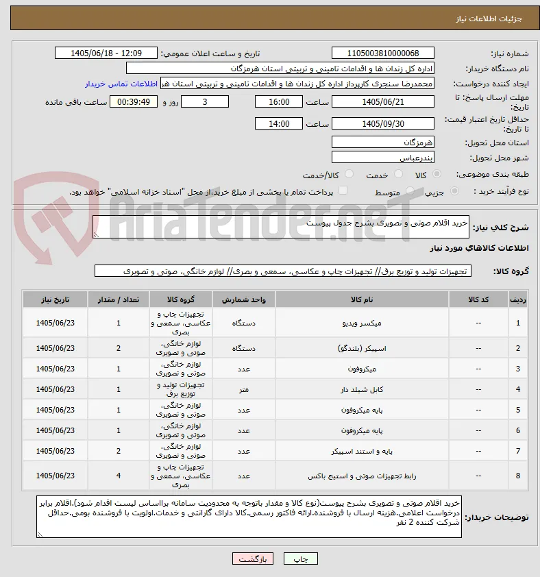 خرید اقلام صوتی و تصویری بشرح جدول پیوست