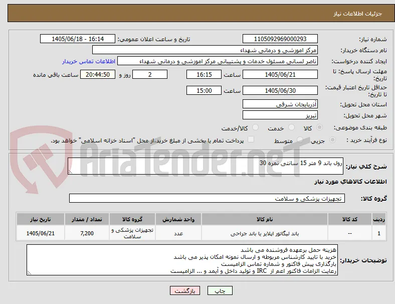 رول باند 9 متر 15 سانتی نمره 30