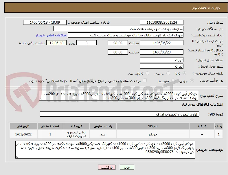 خودکار آبی کیان 2000عدد خودکار مشکی کیان 1000عدد کاورA4 پلاستیکی5000عددپوشه دکمه دار 200عدد پوشه کاغذی در چهار رنگ قرمز 300عدد زرد 300 عددآبی300عدد
