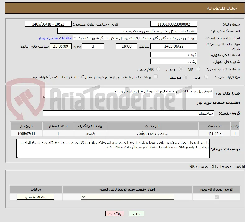 تعریض پل در خیابان شهید صادقپور نشرودکل طبق براورد پیوستی.