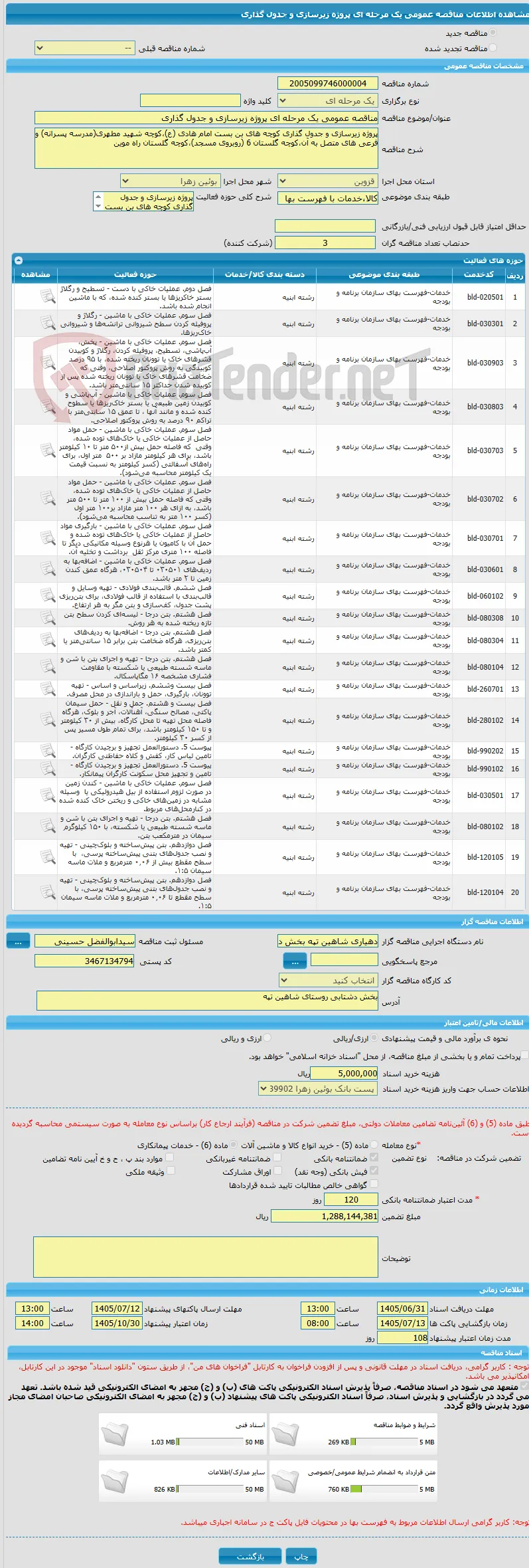 مناقصه عمومی یک مرحله ای پروژه زیرسازی و جدول گذاری