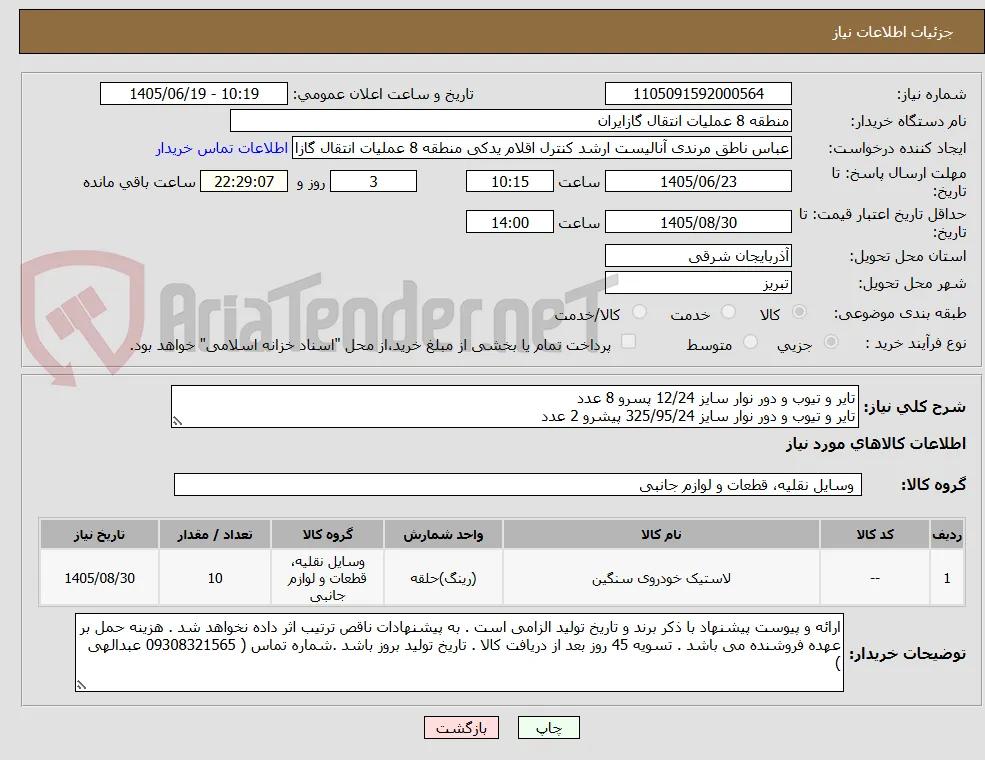 تایر و تیوب و دور نوار سایز 12/24 پسرو 8 عدد
تایر و تیوب و دور نوار سایز 325/95/24 پیشرو 2 عدد