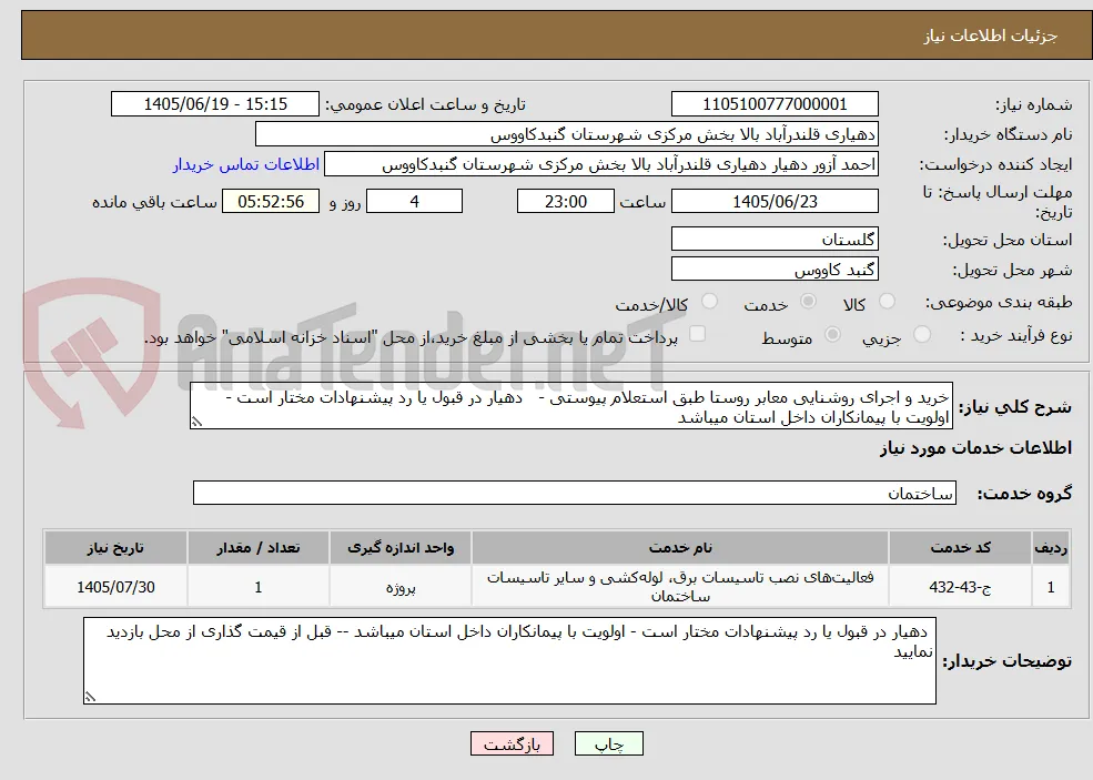 خرید و اجرای روشنایی معابر روستا طبق استعلام پیوستی -   دهیار در قبول یا رد پیشنهادات مختار است - اولویت با پیمانکاران داخل استان میباشد 