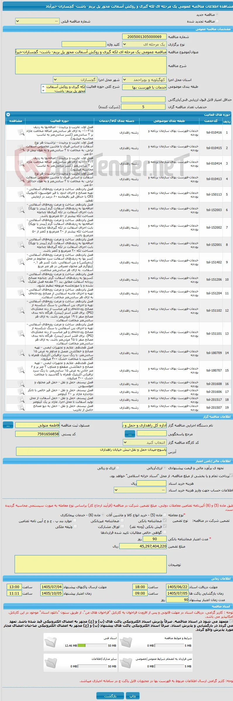 مناقصه عمومی یک مرحله ای لکه گیری و روکش آسفالت محور پل بریم- باشت- گچساران-خیرآباد