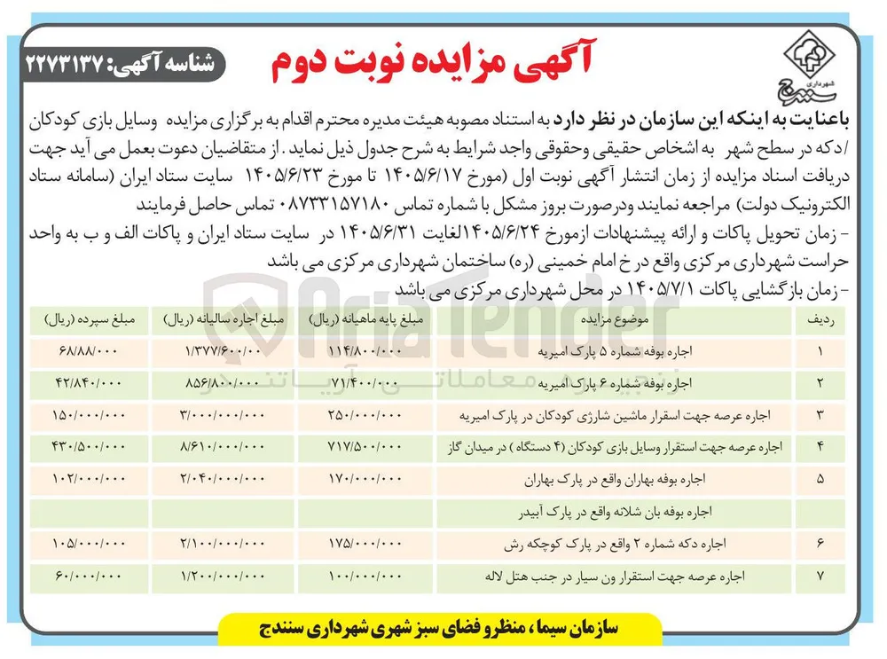 اجاره بوفه و عرصه جهت استقرار وسایل بازی کودکان