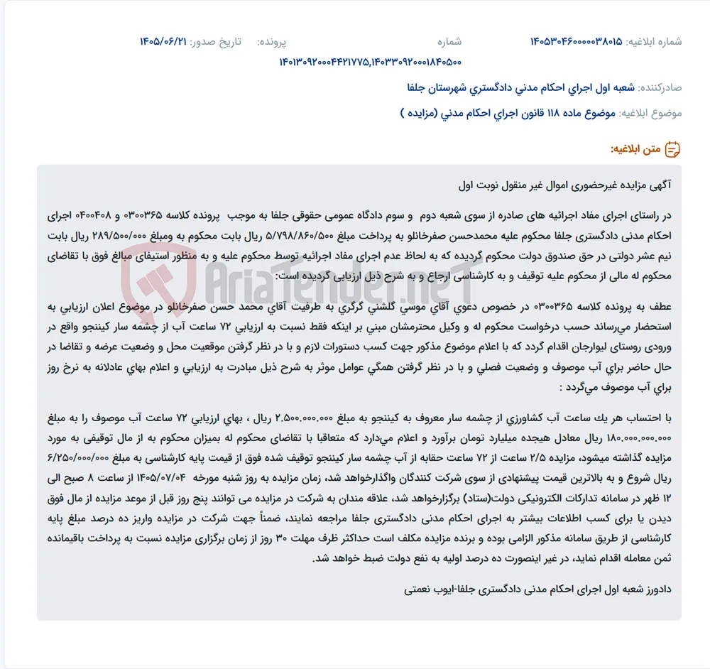 مزایده غیرحضوری حقابه ۲.۵ ساعت از چشمه سار کیننجو در سامانه تدارکات الکترونیکی دولت.