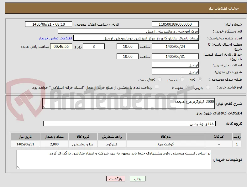 2000 کیلوگرم مرغ منجمد