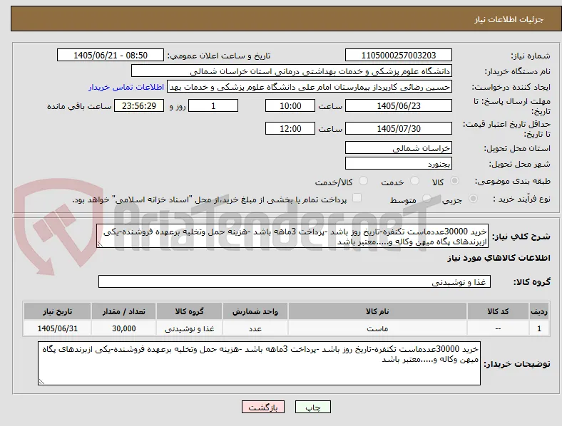 خرید 30000عددماست تکنفره-تاریخ روز باشد -پرداخت 3ماهه باشد -هزینه حمل وتخلیه برعهده فروشنده-یکی ازبرندهای پگاه میهن وکاله و.....معتبر باشد