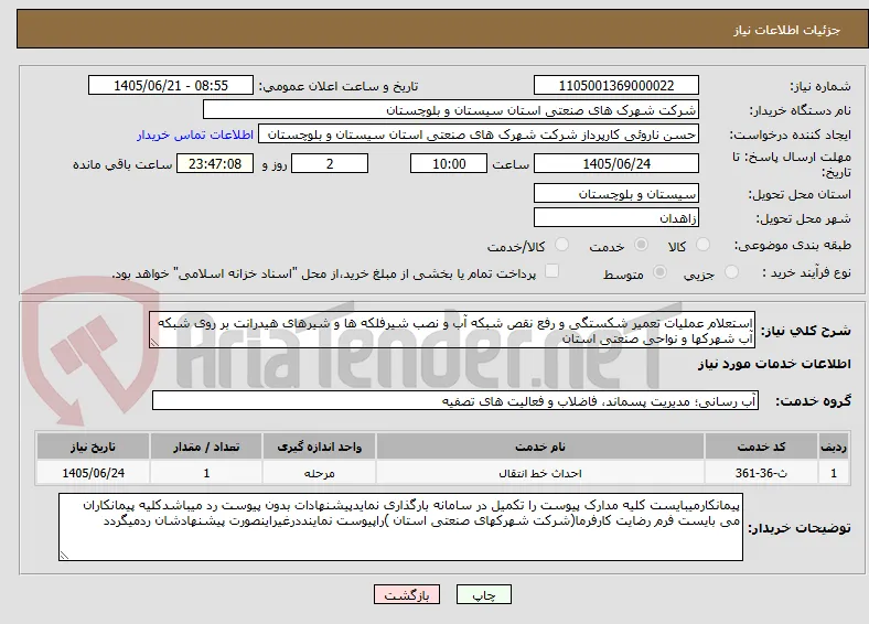 استعلام عملیات تعمیر شکستگی و رفع نقص شبکه آب و نصب شیرفلکه ها و شیرهای هیدرانت بر روی شبکه آب شهرکها و نواحی صنعتی استان
