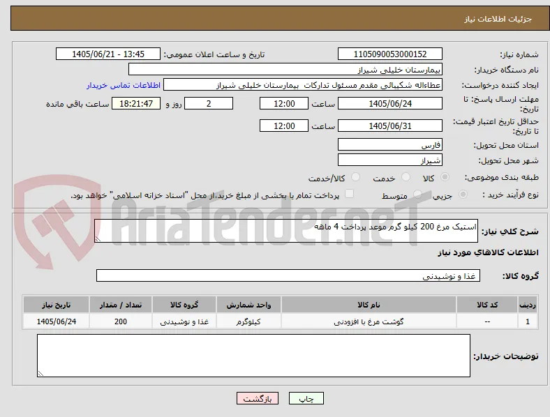 استیک مرغ 200 کیلو گرم موعد پرداخت 4 ماهه 