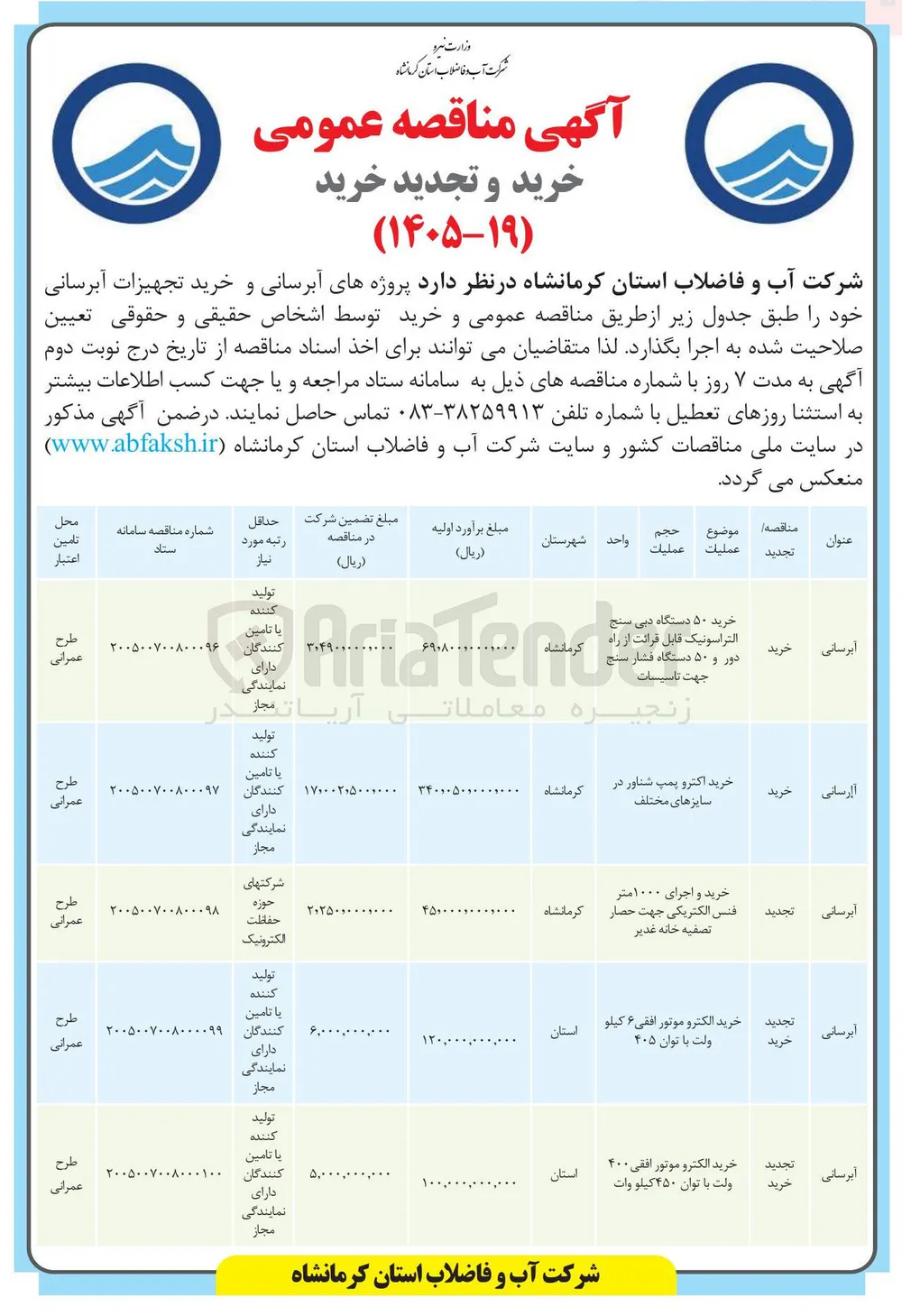 خرید ۵۰ دستگاه دبی سنج التراسونیک قابل قرائت از راه دور و ۵۰ دستگاه فشار سنج جهت تاسیسات