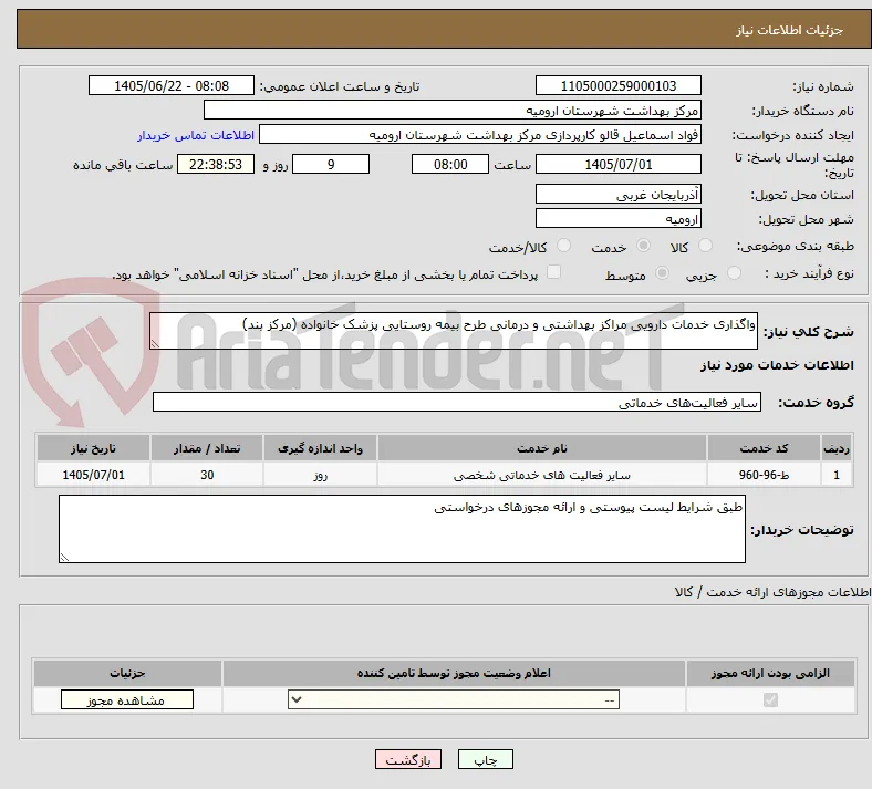 واگذاری خدمات دارویی مراکز بهداشتی و درمانی طرح بیمه روستایی پزشک خانواده (مرکز بند)