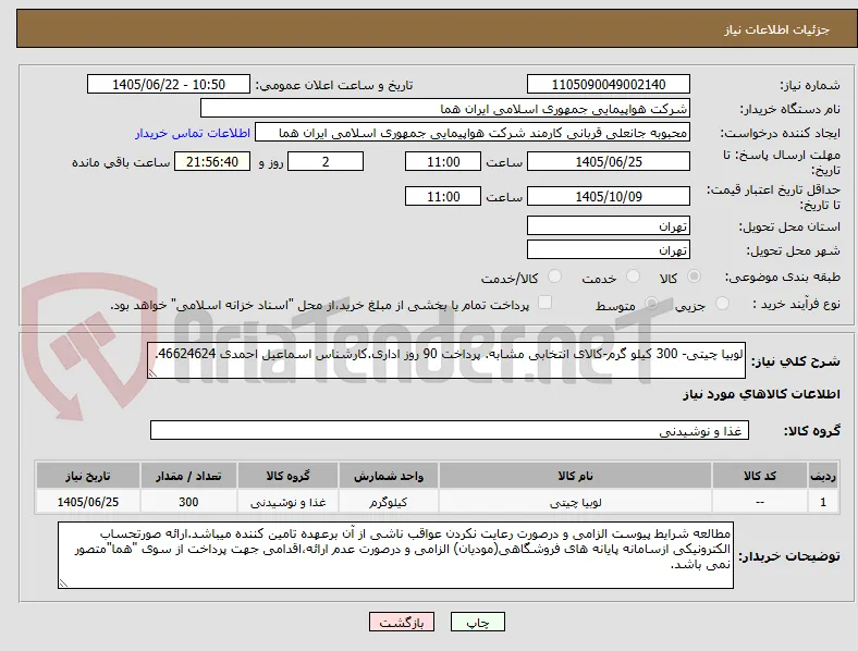 لوبیا چیتی- 300 کیلو گرم-کالای انتخابی مشابه. پرداخت 90 روز اداری.کارشناس اسماعیل احمدی 46624624.