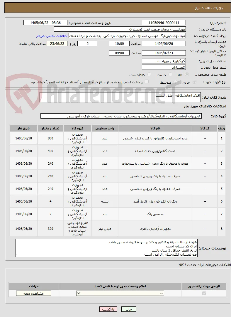 اقلام ازمایشگاهی طبق لیست 