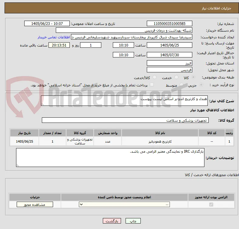هندل و کارتریج اندو-بر اساس لیست پیوست