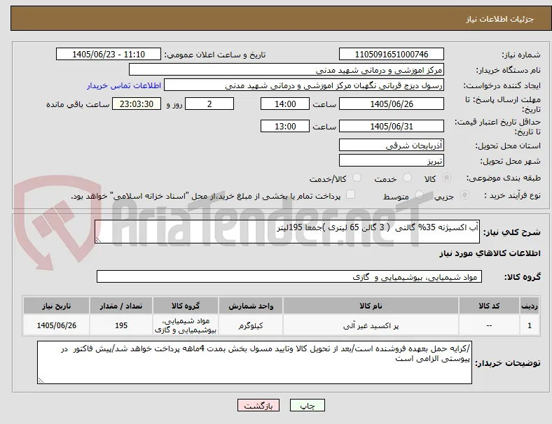 آب اکسیژنه 35% گالنی  ( 3 گالن 65 لیتری )جمعا 195لیتر