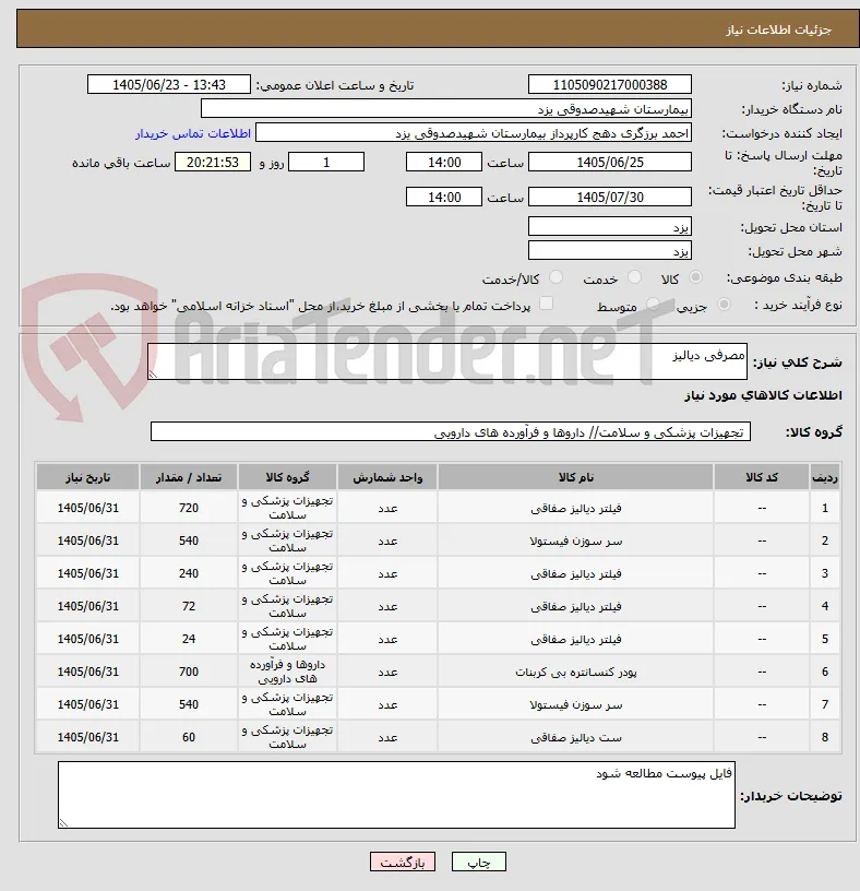 مصرفی دیالیز