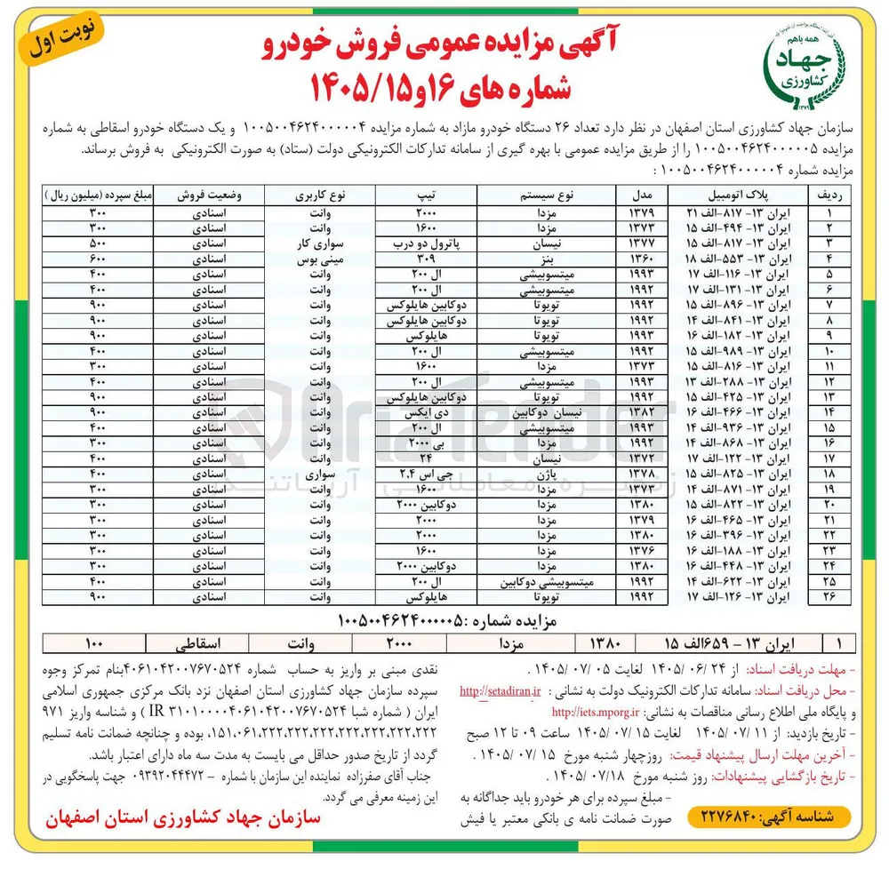 فروش تعداد ۲۶ دستگاه خودرو مازاد