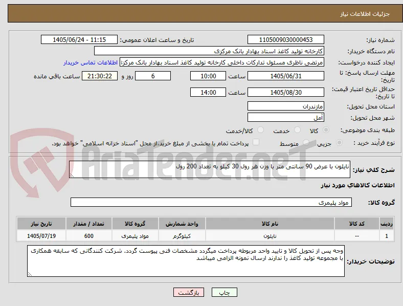 نایلون با عرض 90 سانتی متر با وزن هر رول 30 کیلو به تعداد 200 رول