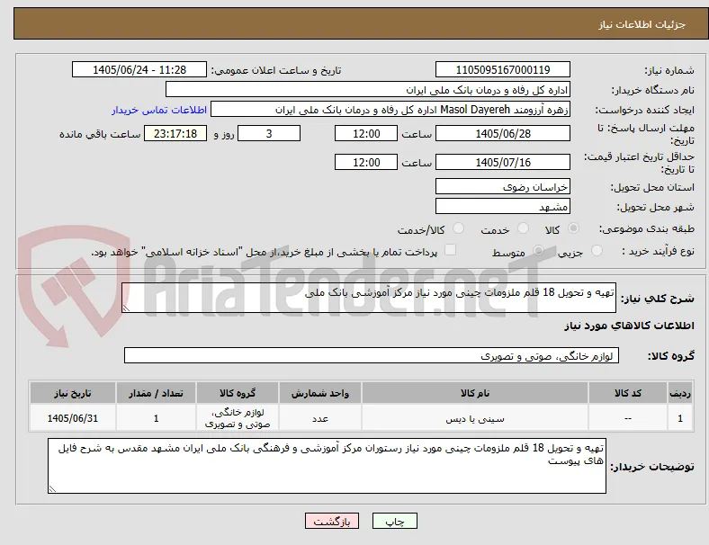 تهیه و تحویل 18 قلم ملزومات چینی مورد نیاز مرکز آموزشی بانک ملی