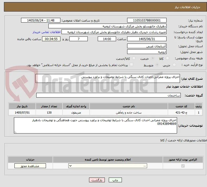 اجرای پروژه عمرانی احداث کانال سنگی با شرایط توضیحات و براورد پیوستی 