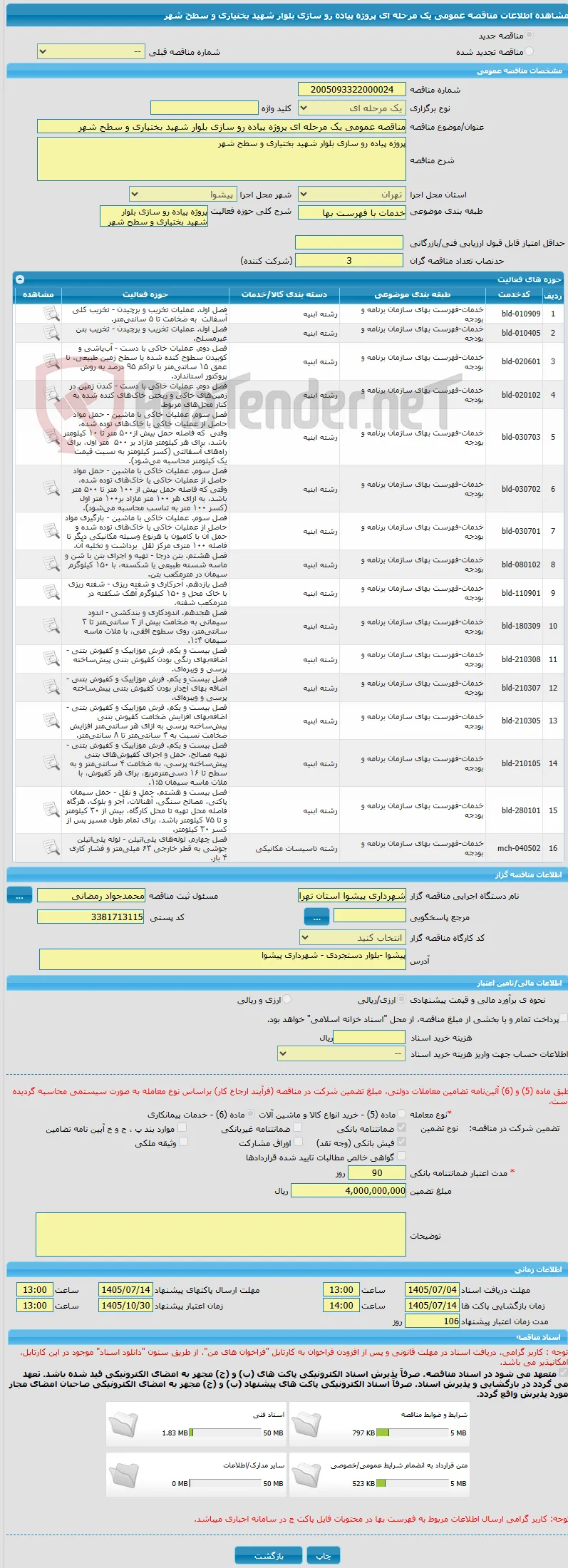 مناقصه عمومی یک مرحله ای پروژه پیاده رو سازی بلوار شهید بختیاری و سطح شهر