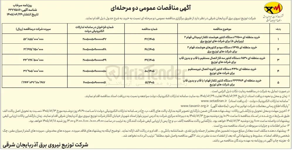  خرید منطقه ای ۴۴۹۰ دستگاه کنتور ثانویه اتصال غیر مستقیم برای شرکت های توزیع 