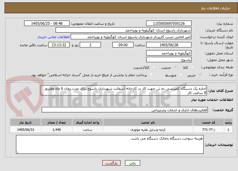 اجاره یک دستگاه کمپرسی ده تن جهت کار در کارخانه آسفالت شهرداری یاسوج برای مدت زمان 6 ماه وهرروز 8 ساعت کار