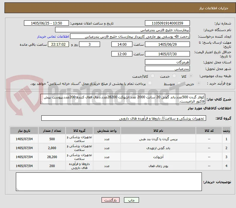 کولار گردن 500عدد.باند گچی 20 سانت 2000 عدد.انژیوکت 28200عدد.ذغال فعال کننده 200عدد.پیوست پیش فاکتور الزامیست.