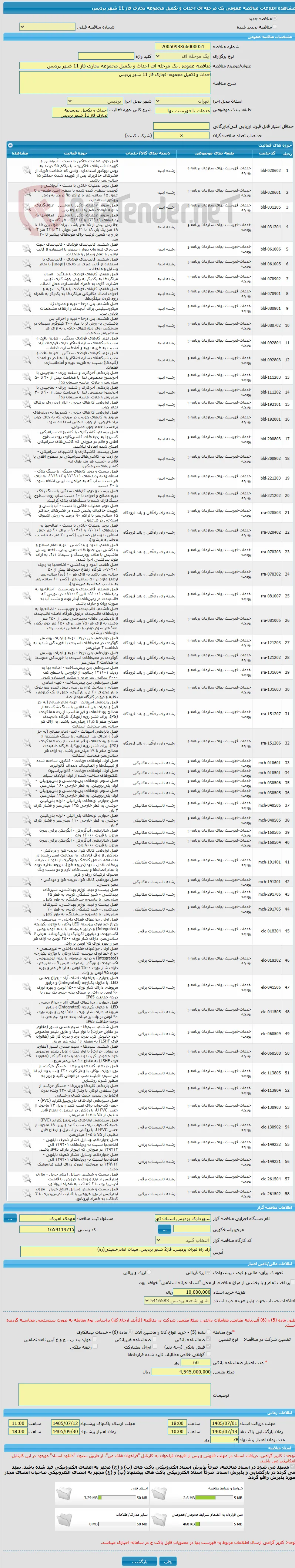 مناقصه عمومی یک مرحله ای احداث و تکمیل مجموعه تجاری فاز 11 شهر پردیس 