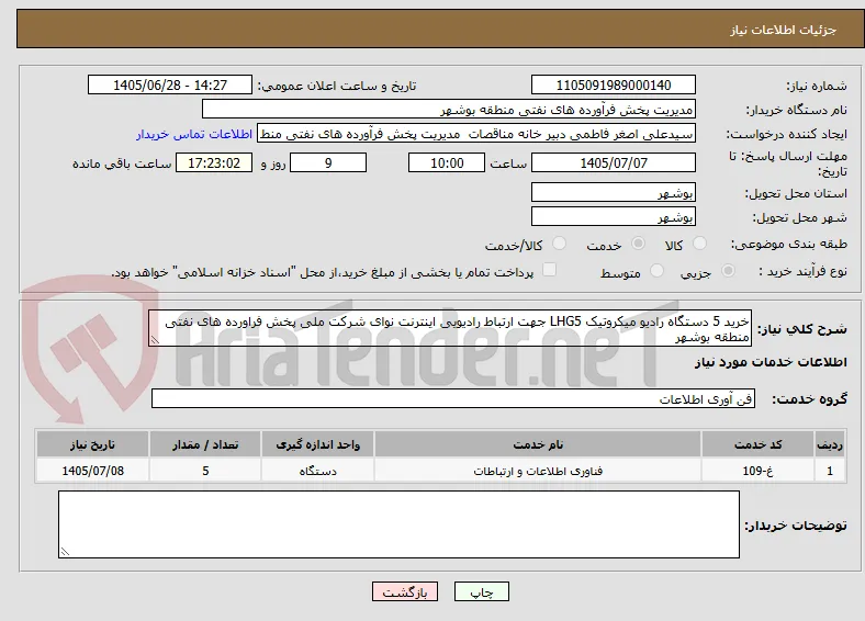 خرید 5 دستگاه رادیو میکروتیک LHG5 جهت ارتباط رادیویی اینترنت نوای شرکت ملی پخش فراورده های نفتی منطقه بوشهر 