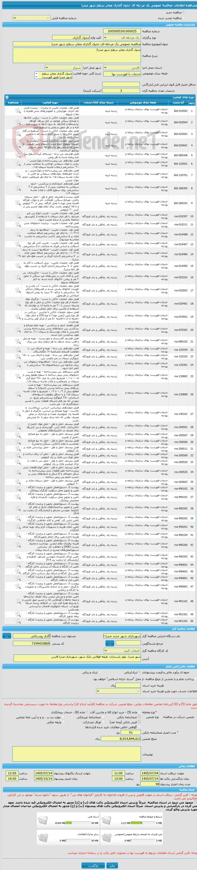مناقصه عمومی یک مرحله ای جدول گذاری معابر سطح شهر صدرا