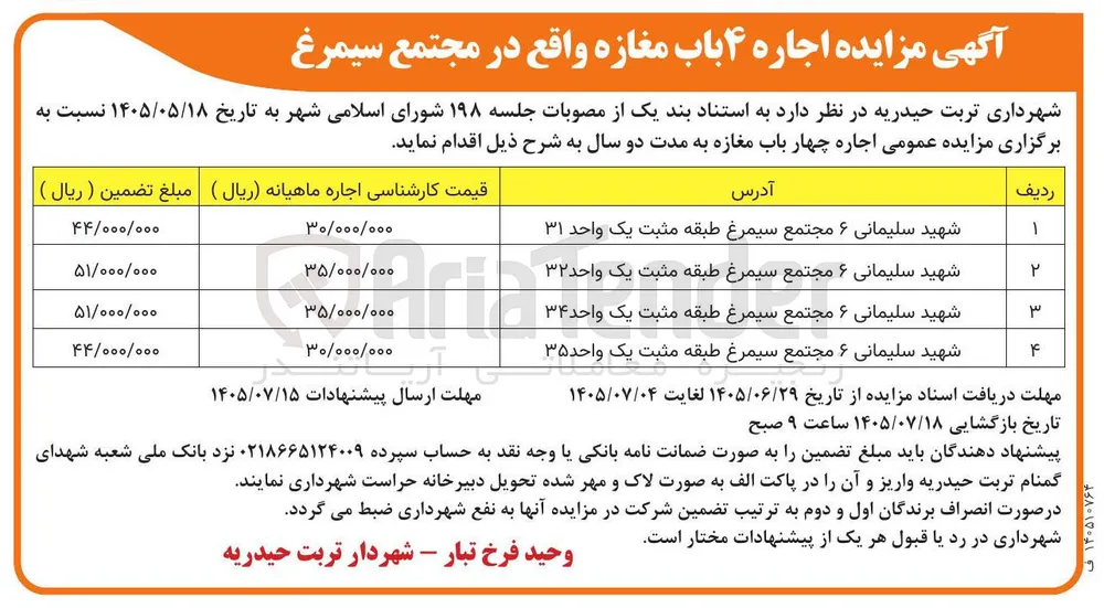 اجاره ۴ باب مغازه واقع در مجتمع سیمرغ