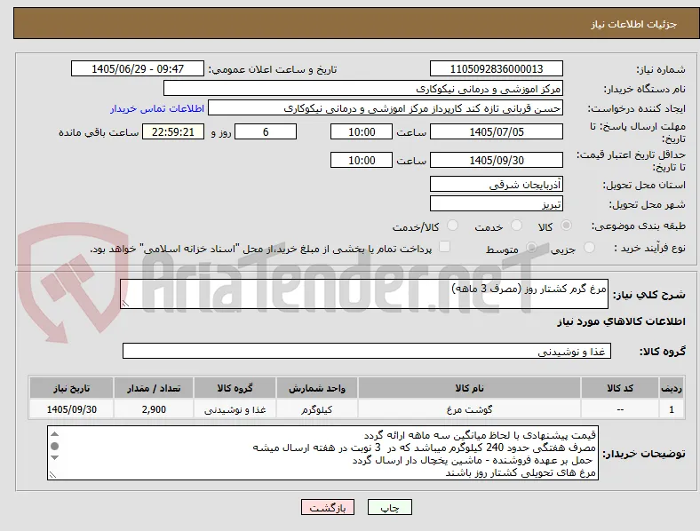 مرغ گرم کشتار روز (مصرف 3 ماهه)
