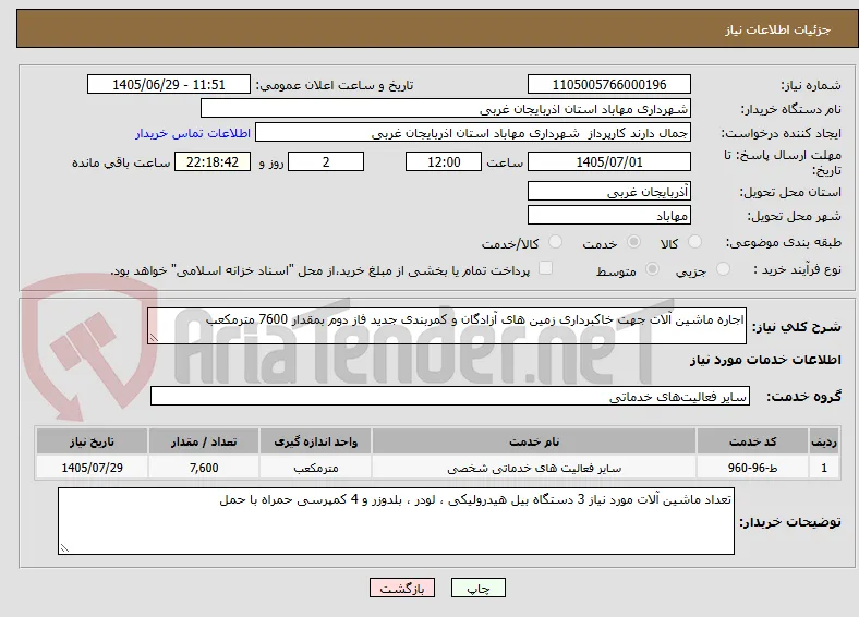 اجاره ماشین آلات جهت خاکبرداری زمین های آزادگان و کمربندی جدید فاز دوم بمقدار 7600 مترمکعب 