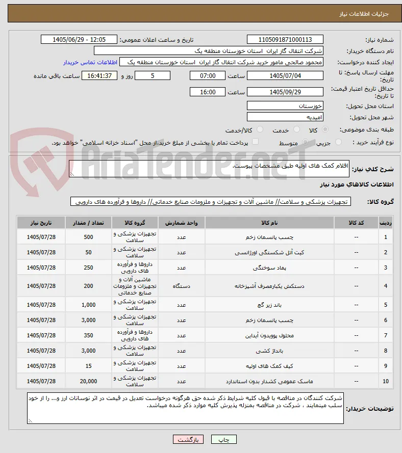 اقلام کمک های اولیه طبق مشخصات پیوست.