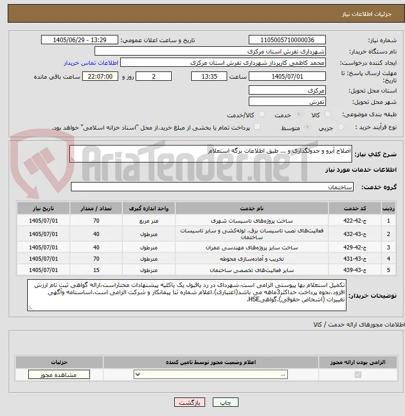 اصلاح آبرو و جدولگذاری و ... طبق اطلاعات برگه استعلام