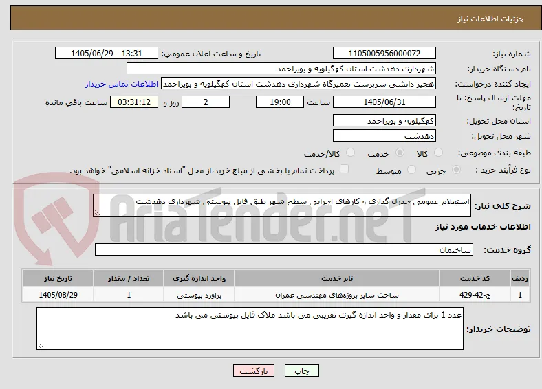 استعلام عمومی جدول گذاری و کارهای اجرایی سطح شهر طبق فایل پیوستی شهرداری دهدشت