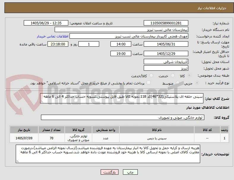 سینی حلقه ای پلاستیکی(32*46)کد 118.نمونه کالا طبق فایل پیوستی.تسویه حساب حداکثر 4 الی 6 ماهه