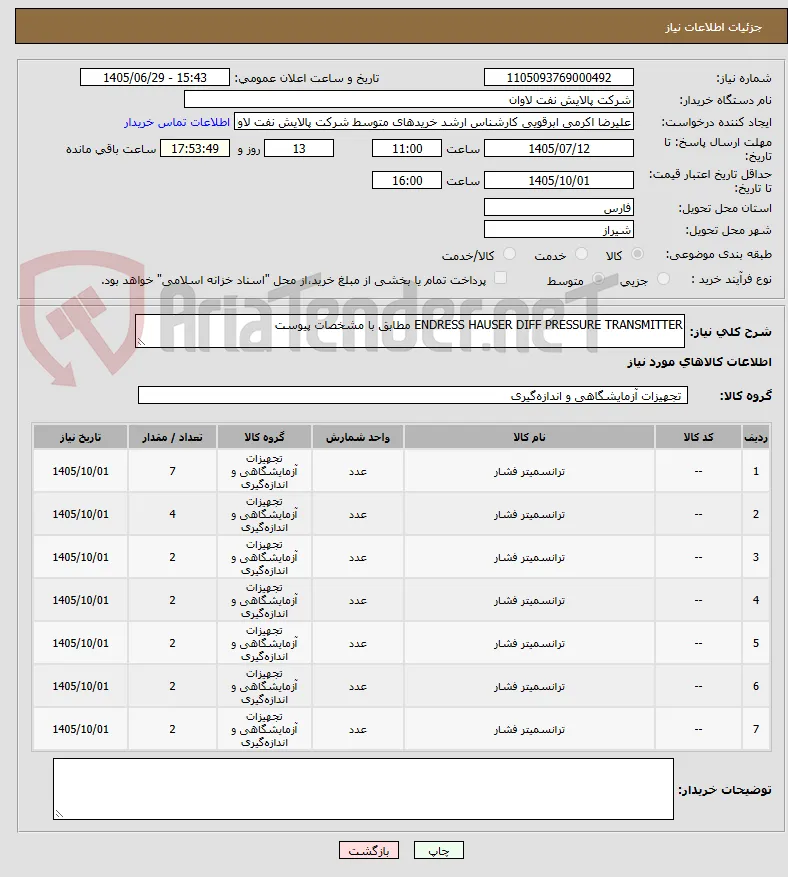 ENDRESS HAUSER DIFF PRESSURE TRANSMITTER مطابق با مشخصات پیوست