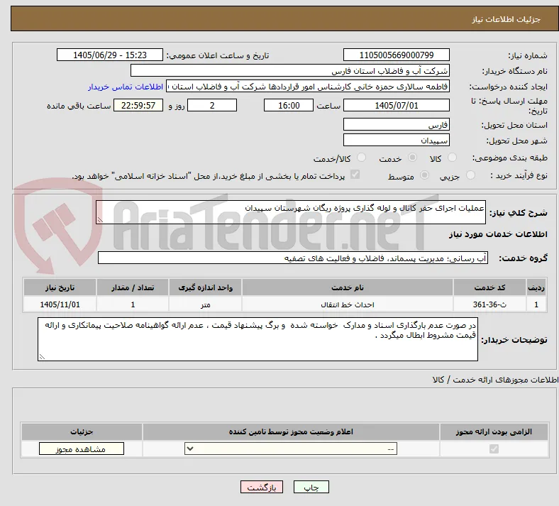 عملیات اجرای حفر کانال و لوله گذاری پروژه ریگان شهرستان سپیدان