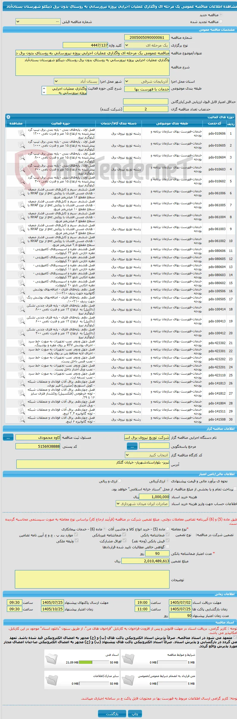 مناقصه عمومی یک مرحله ای واگذاری عملیات اجرایی پروژه نیرورسانی به روستای بدون برق دیبکلو شهرستان بستان‌آباد