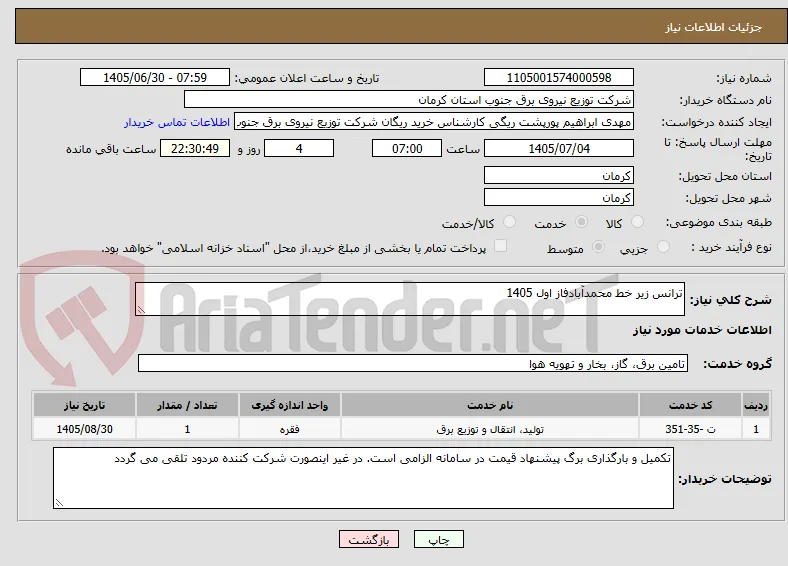 ترانس زیر خط محمدآبادفاز اول 1405
