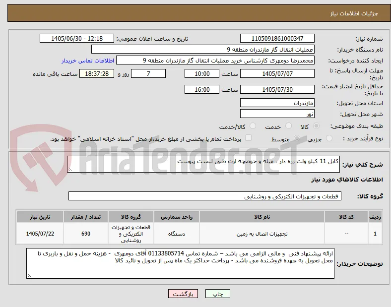 کابل 11 کیلو ولت زره دار ، میله و حوضچه ارت طبق لیست پیوست