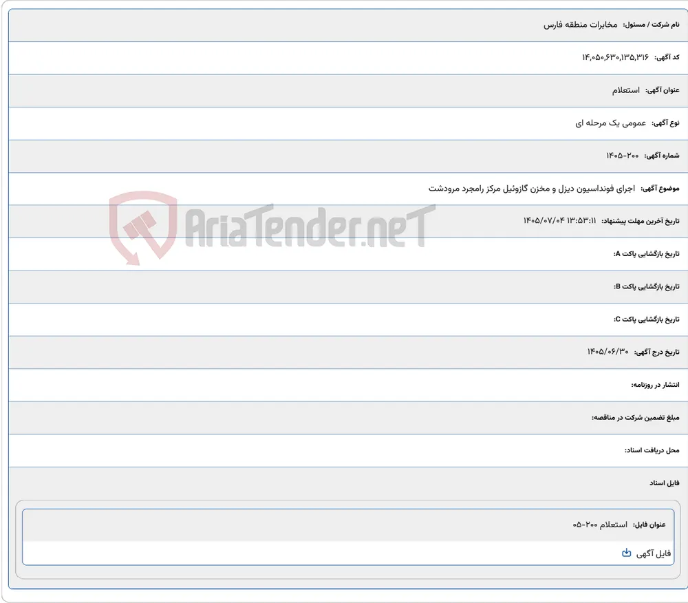 اجرای فونداسیون دیزل و مخزن گازوئیل مرکز رامجرد مرودشت