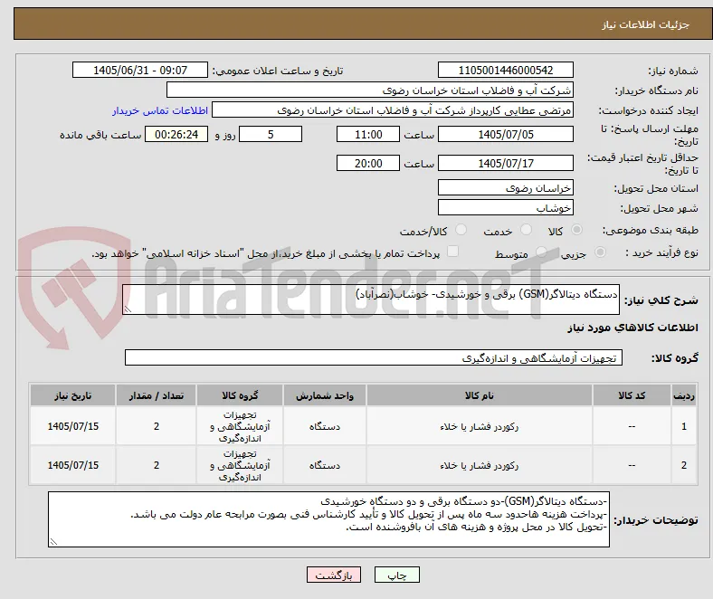 دستگاه دیتالاگر(GSM) برقی و خورشیدی- خوشاب(نصرآباد) 
