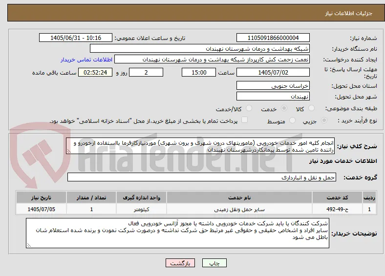 انجام کلیه امور خدمات خودرویی (ماموریتهای درون شهری و برون شهری) موردنیازکارفرما بااستفاده ازخودرو و راننده تامین شده توسط پیمانکاردرشهرستان نهبندان